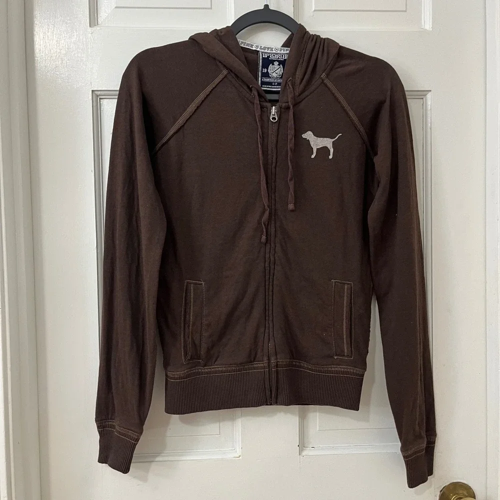 True Y2K VTG PINK Victoria's Secret Hoodie S Chocolate Brown Peace Sign Boho 00s